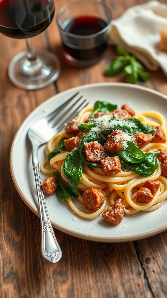A delicious serving of pasta with Italian sausage and spinach, garnished with Parmesan cheese on a wooden table.